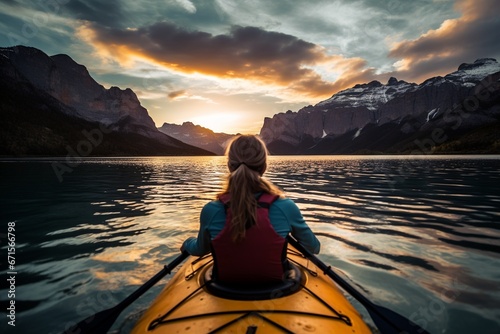 Woman Kayaking in Beautiful Lake Landscape © Maximilien