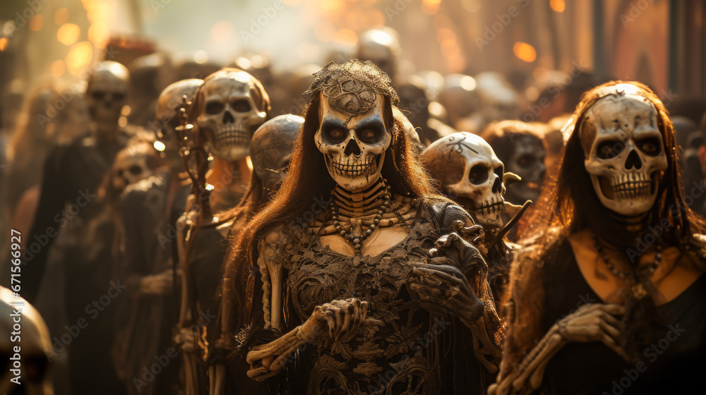 Skeleton-clad crowds parading on Día de Los Muertos in Mexico