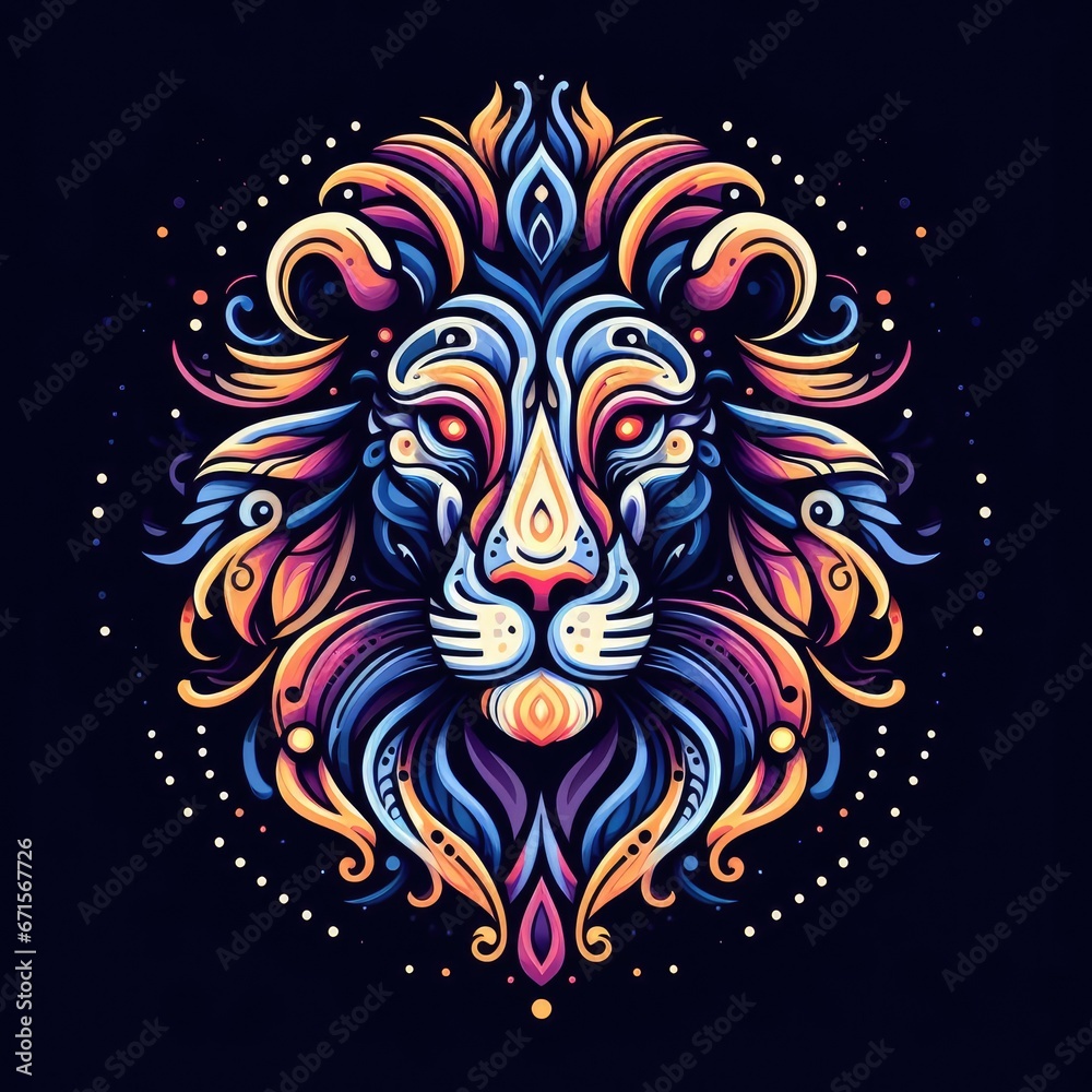 A digital art image of a lion_s head with a colorful and intricate design. The lion_s head is symmetrical and fills the entire image
