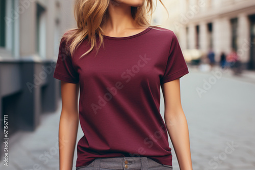Burgundy T-Shirt Mockup, Blank Shirt Template, Casual Fashion, Woman, Girl, Female, Model, Wearing a Burgundy Tee Shirt and Jeans, Standing Outdoors