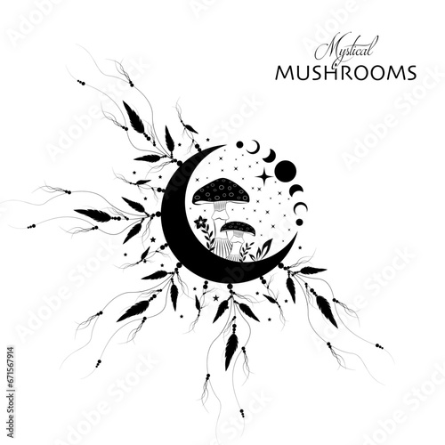 Shamanic magic mushrooms, Mystical Amanita Muscaria with moon phases and stars. Witchcraft  Dreamcatcher symbol, witchy esoteric fungus logo tattoo. Celestial wiccan clipart isolated, white background