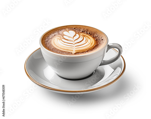 Cup of coffee with latte art isolated on transparent background. Generative AI
