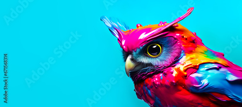 Fantasy digital art of owl flying with multicolored liquid splash in surface.funny animal in surreal surrealism ideas.creativity and inspiration background
