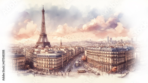 Watercolor painting of Paris with Eiffel Tower