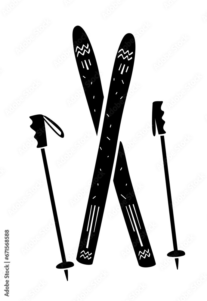 Naklejka premium A black-white ski and poles illustration. Winter sport vector. Minimalistic simple icons of ski with pattern