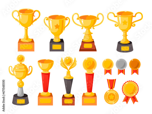 Trophy, cup, medal vector set. Icons of champions, sport award isolated on a white background.