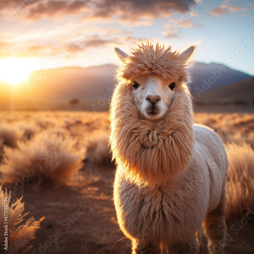 Alpaca in the mountains with a beautiful sunset