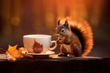 Squirrel with cup of coffee or tea in forest 