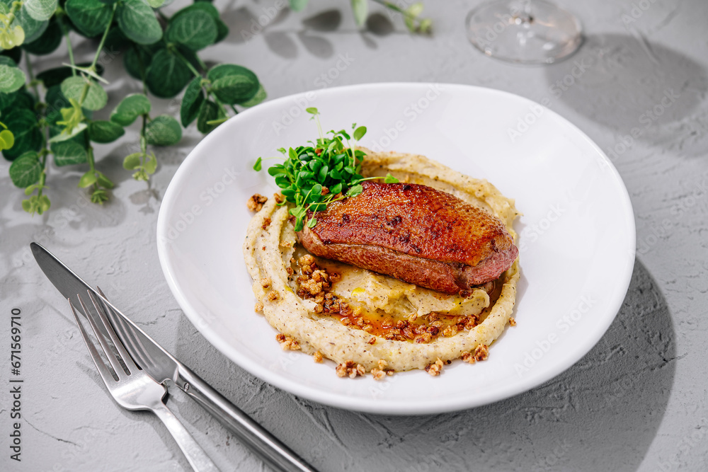 Duck breast steak with potato mashed