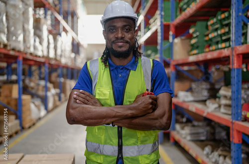 Portrait of male supervisor standing at storage shelf in warehouse with his arm crossed looking at camera. Confident multiracial logistic manager employee in safety uniform working with stock in store © Nassorn