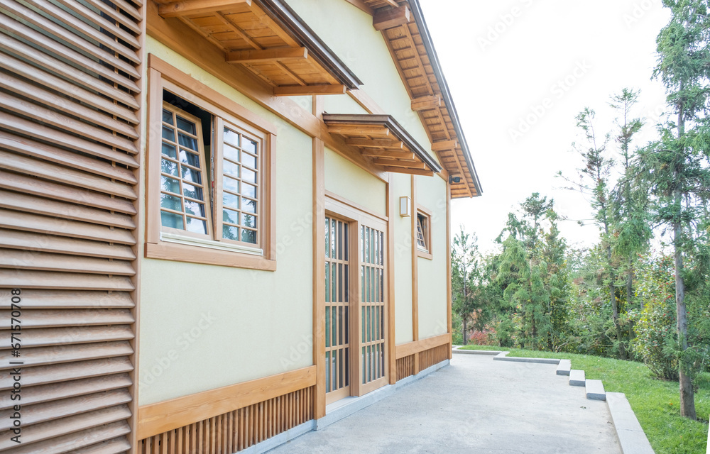 closeup of traditional wooden Japanese house