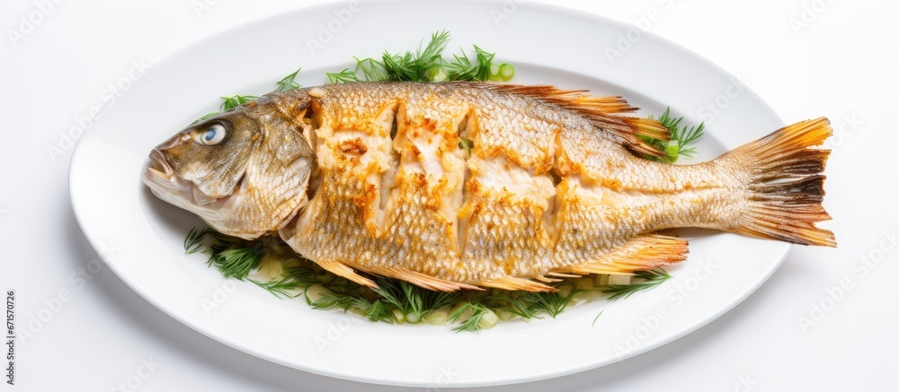 Tilapia cooked in a white platter with a backdrop of white Tilapia cooked in a white platter with a backdrop of white