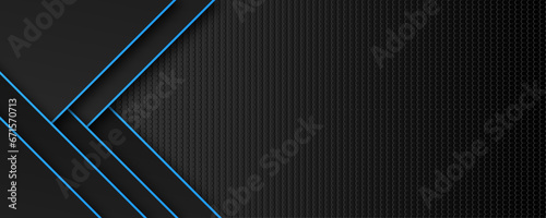 Dynamic black blue metal carbon neutral solid. Futuristic perforated technology abstract background with blue neon glowing lines 3D black technology background overlap layers on dark space © Fannaan