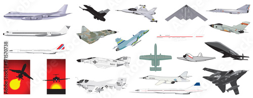 Cliparts Passenger and Fighter Aircraft Airplanes - compendium vector illustrations editable best art design for multipurpose use in high definition format