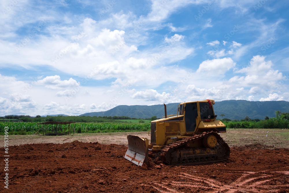 Dozer is pushing dirt. Bulldozer is working. Dozer is pushing dirt. Bulldozer is working.