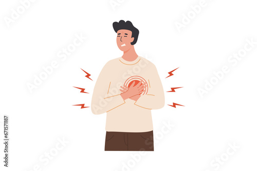 Young man with heart pain touching his chest. Cardiac Distress. A person experiencing a heart attack. Vector illustration isolated on white background.
