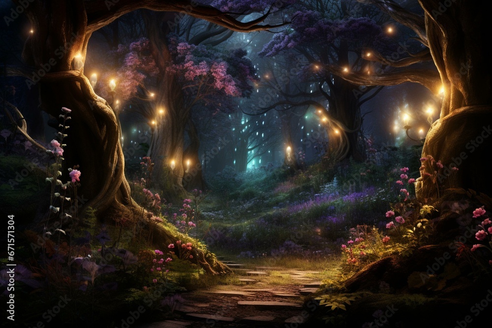 A mysterious woodland illuminated by enchanting lights. Generative AI