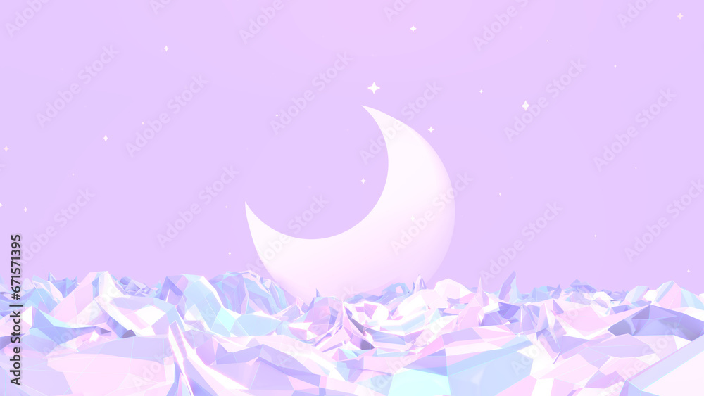Fototapeta premium 3d rendered pastel crescent moon and wavy terrain.