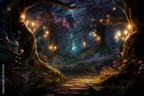A mysterious woodland illuminated by enchanting lights. Generative AI © Koda