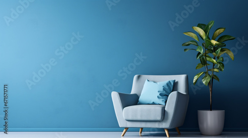 Living room interior with potted plants and blue wall.