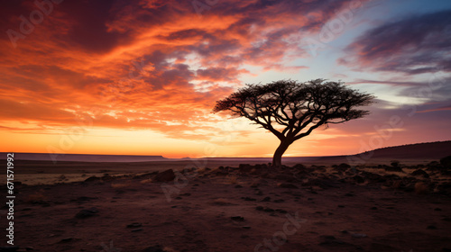 Lonely tree's silhouette in serene arid sunset.