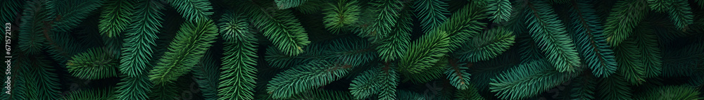 Fir branches green needle abstract background Christmas texture. Horizontal composition, banner.