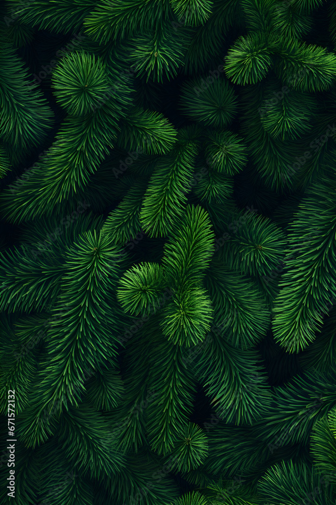 Fir branches green needle abstract background Christmas texture. Vertical composition.