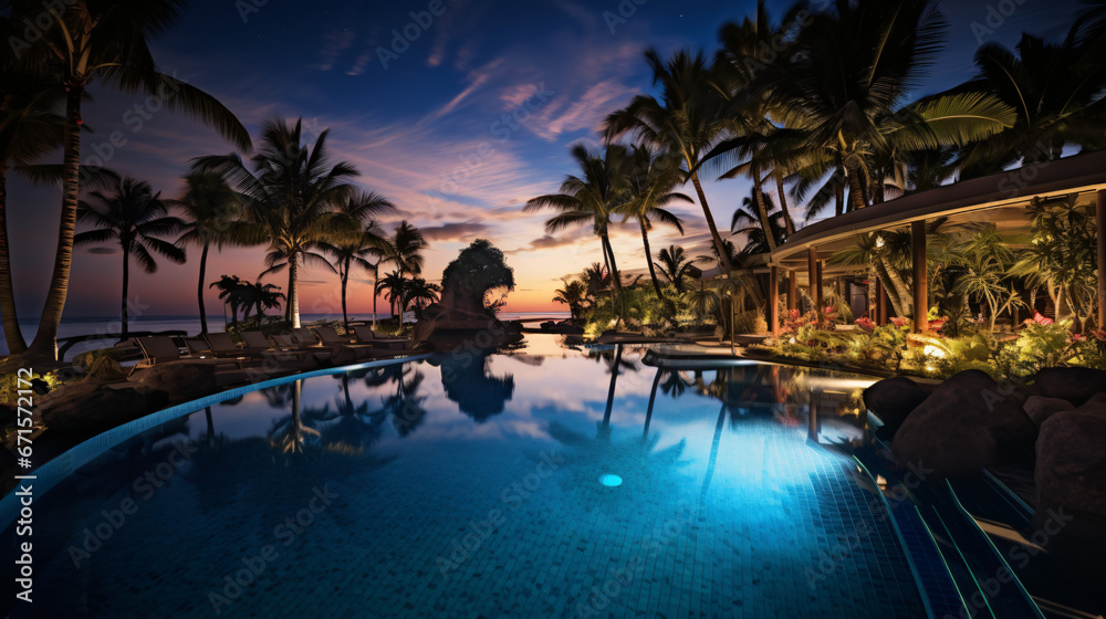 Luxurious tropical resort pool in the night.