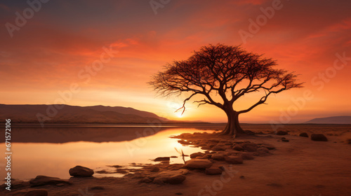 Lonely tree's silhouette in serene arid sunset. © Mishu