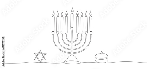 Hanukkah menorah one continuous line background with star and sufganiyot. Jewish traditional candle holder with lights. Minimal Chanukah banner template. Vector illustration isolated on white