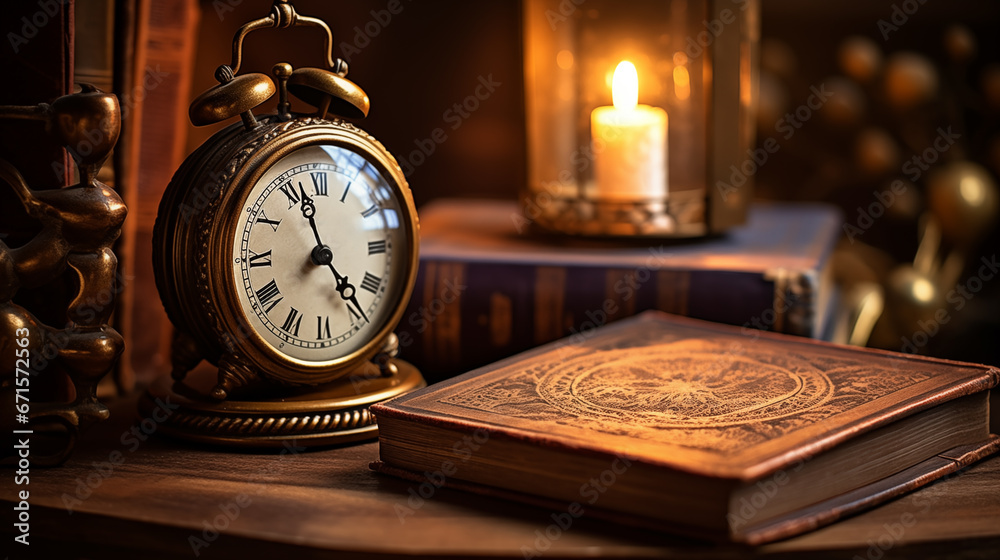 Still life with book, burning candle and clock generative ai Still life with book, burning candle and clock generative ai