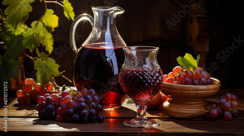 Jar and glass of red wine with grapes on wooden table generative ai still life