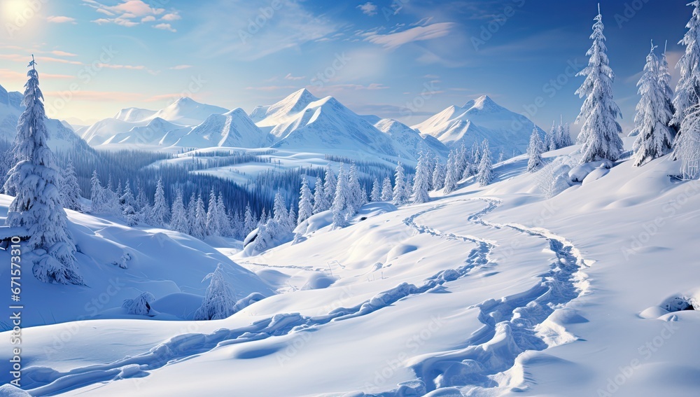 Zimowy górski krajobraz z lasem i górami pokrytymi śniegiem.  - obrazy, fototapety, plakaty 