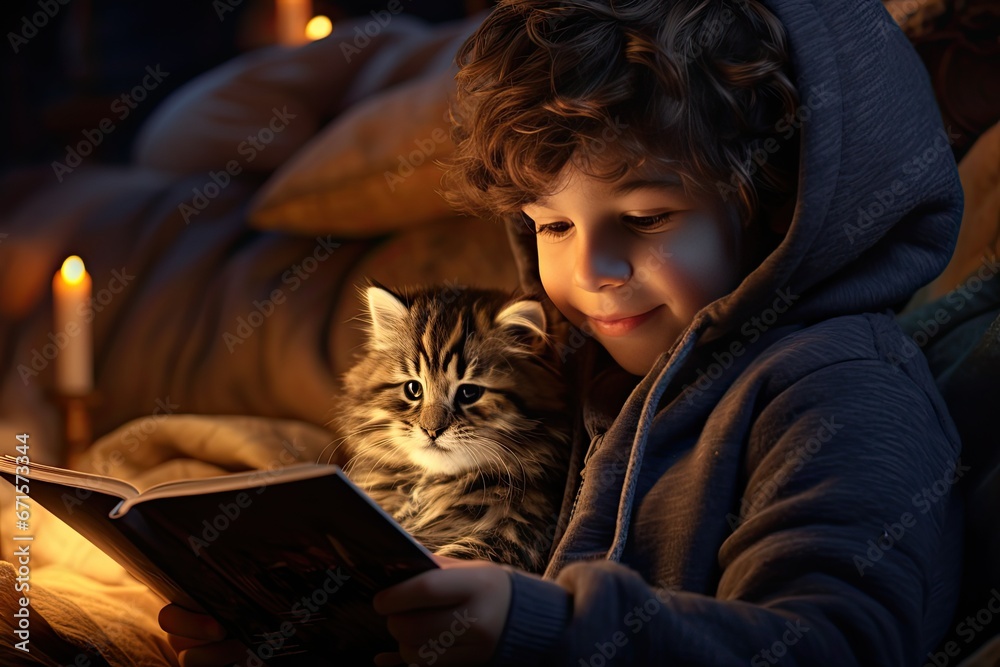 Chłopiec czytający książkę z kotem w łóżku.  - obrazy, fototapety, plakaty 