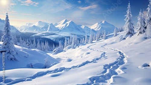 Zimowy górski krajobraz z lasem i górami pokrytymi śniegiem. 