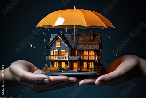 Mały drewniany domek pod parasolem ochronnym trzymany w dłoniach. 