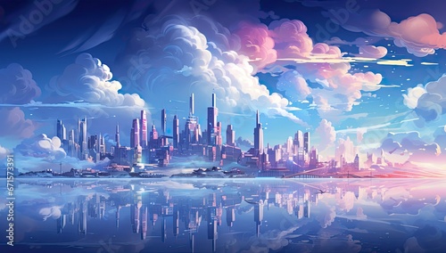 Krajobraz z bajecznym miastem z kolorowymi chmurami 