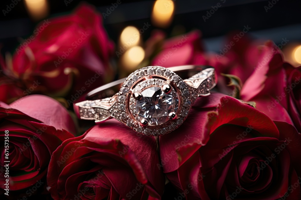 Pierścionek zaręczynowy wysadzany kamieniami szlachetnymi i diamentami na płatkach róż.  - obrazy, fototapety, plakaty 