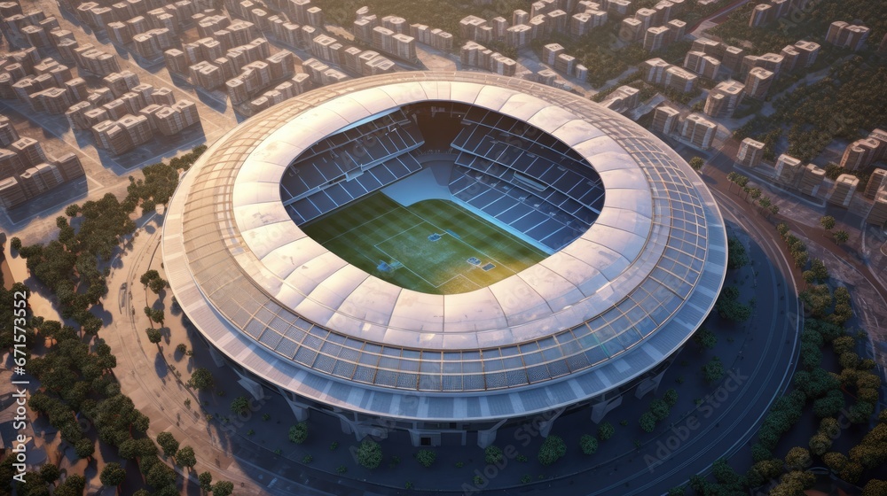 Aerial view of Sports stadium at day time, 3d rendered imaginary stadium with green grass ground