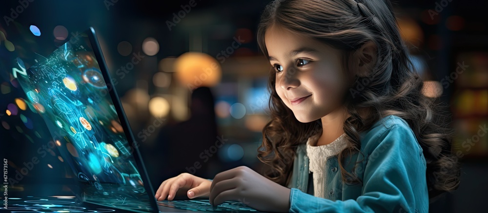 Szczęśliwa dziewczynka ucząca się przed nowoczesnym komputerem i korzystająca z technologii.  - obrazy, fototapety, plakaty 