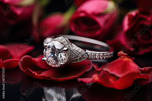 Pierścionek zaręczynowy wysadzany kamieniami szlachetnymi i diamentami na płatkach róż. 
