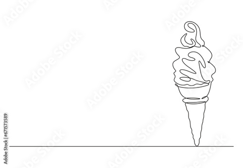 Continuous one line drawing of ice cream scoops. Fast Food. Vector illustration. Pro vector. 