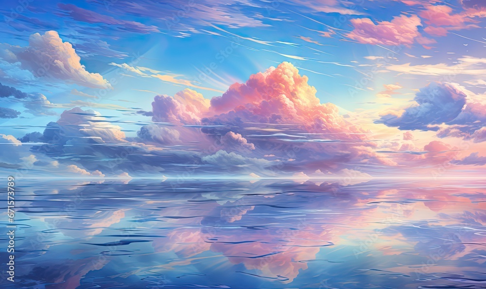 Kolorowe chmury w stylu anime. Kolorowy rysunek w pięknych pastelowych kolorach. Chmury odbijające się w oceanie.  - obrazy, fototapety, plakaty 
