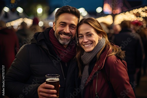 Szczęśliwa para na festiwalu na zewnątrz dobrze bawiąca się w barze 