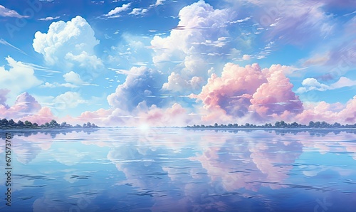 Kolorowe chmury w stylu anime. Kolorowy rysunek w pięknych pastelowych kolorach. Chmury odbijające się w oceanie. 