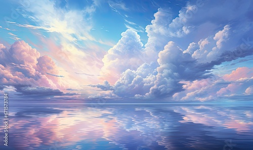 Kolorowe chmury w stylu anime. Kolorowy rysunek w pięknych pastelowych kolorach. Chmury odbijające się w oceanie.  photo