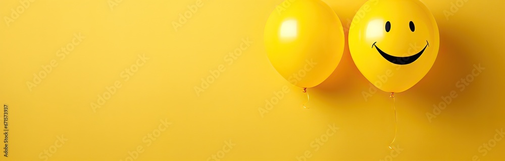 Fototapeta premium Żółty baklon z namalowanym uśmiecham na żółtym tle z miejscem na tekst. 