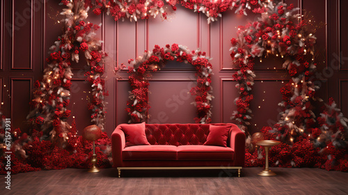 Gorgeous Christmas, New Year celebrations background design in red tones. Lots of red decorations with cozy red sofa. Great idea for interior, backdrop, background. Generative AI © InspiringMoments