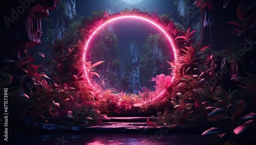 Świecący neonowy okrąg z tropikalnymi palmami i liśćmi w tle. 