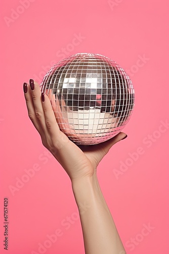 Creative contemporary collage of woman hand holding disco ball on pink background. Concept of celebration, music, event in 80s and 90s retro style. Trendy vintage party symbol. Creative Christmas card